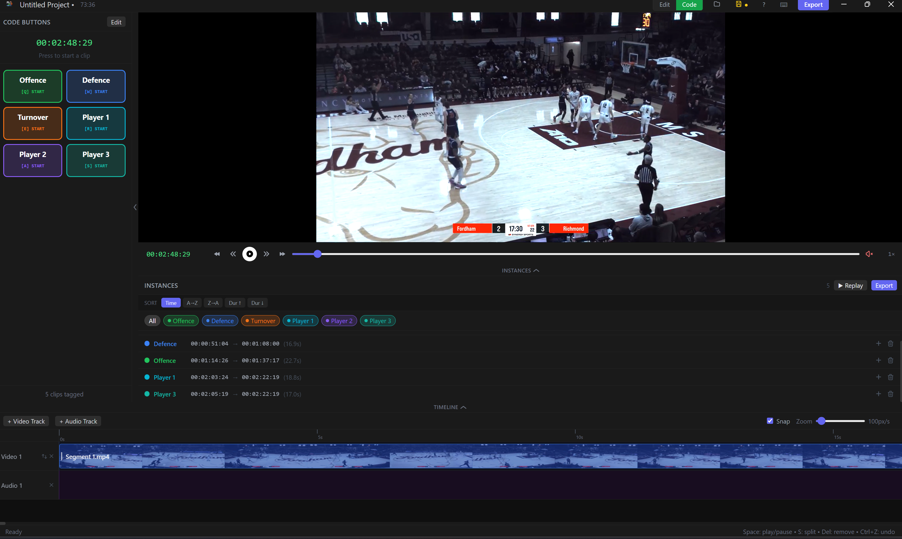 Code mode — tag moments in real time
