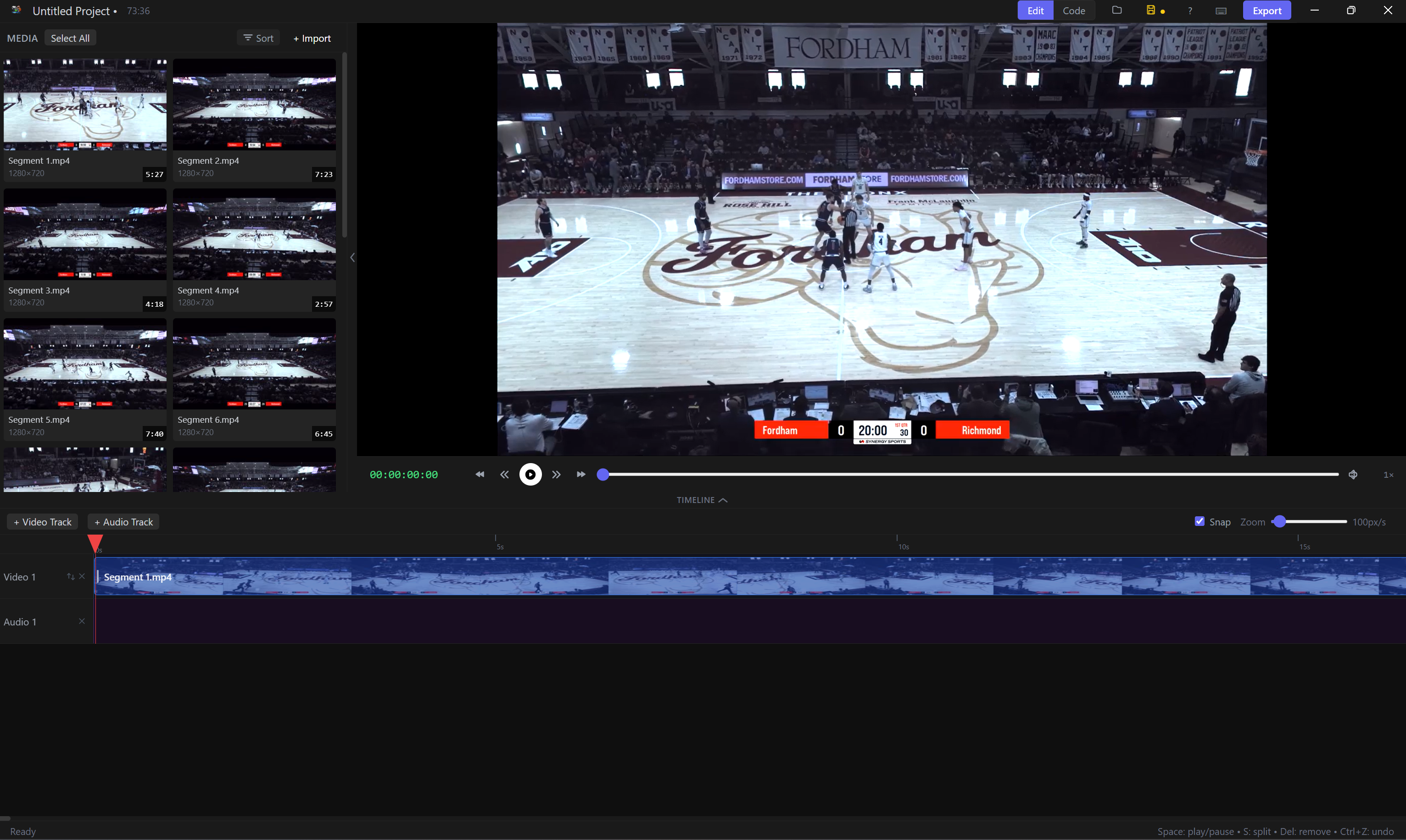 Edit mode — arrange clips on the timeline