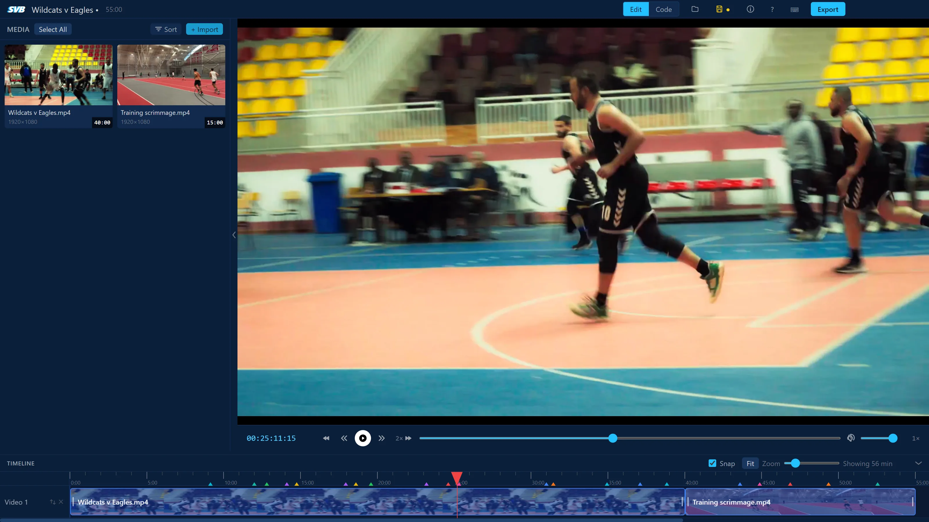Edit mode — import game footage and arrange clips on the timeline
