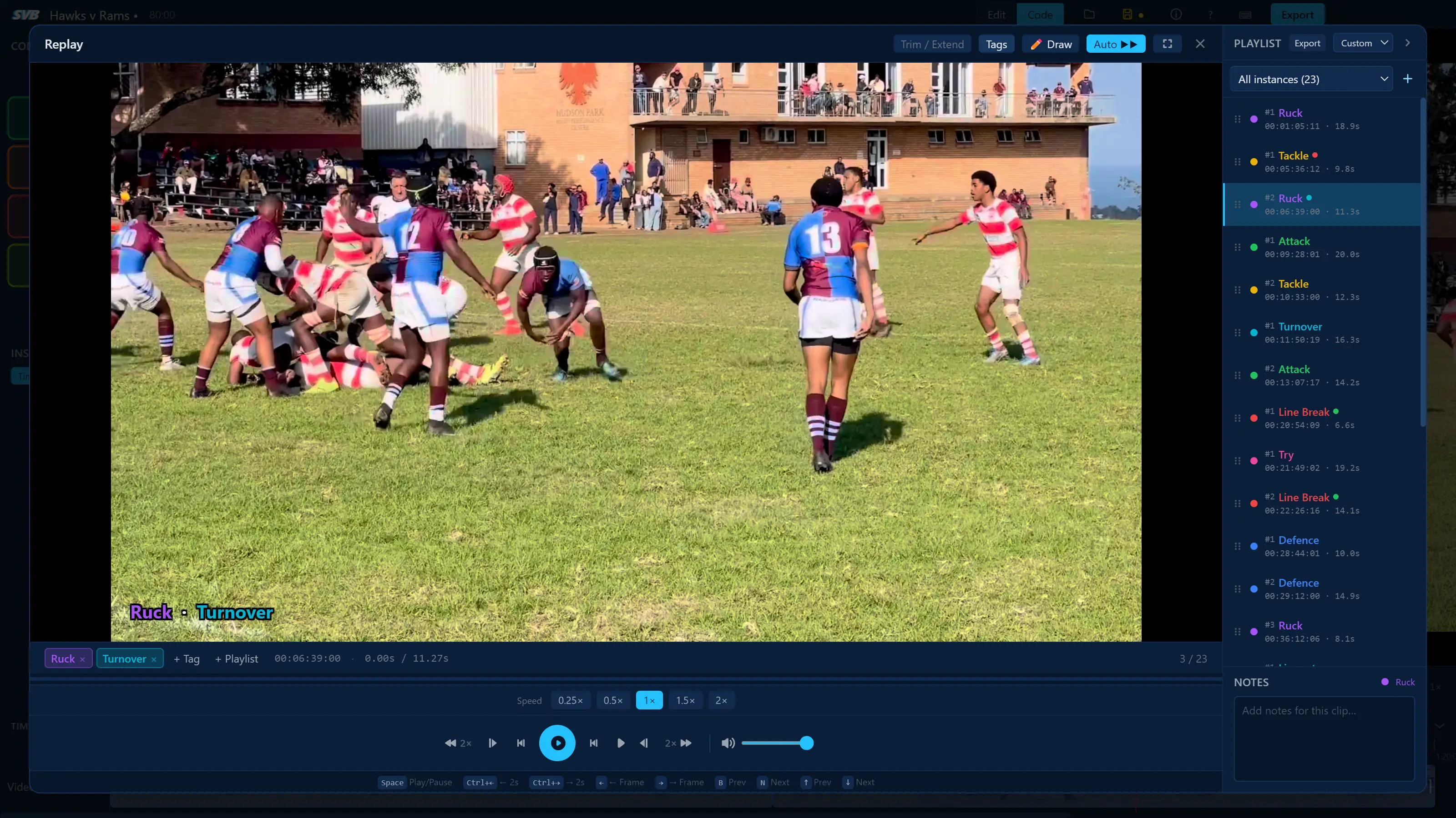 Replay — review each tagged moment with its tags shown on the video