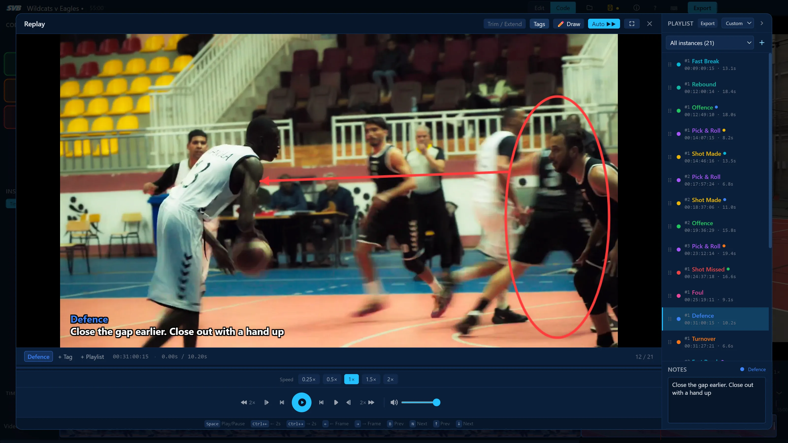 Drawing — circle players and draw arrows on the video, with coaching notes on screen